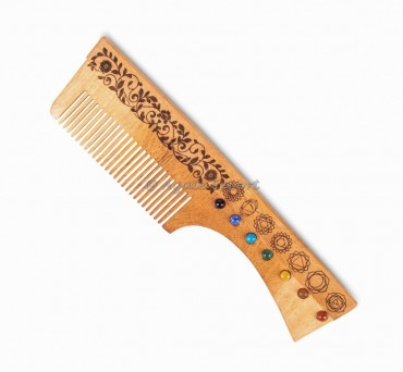 Neem Wood Comb with Chakra Symbols With Stone Floral Handle