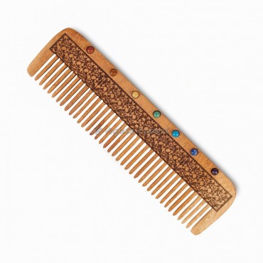 Neem Wood Comb with Intricate Pattern Chakra Stones