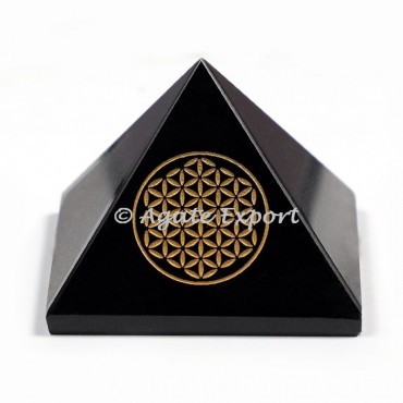 Black Agate Engraved Flower Of life Pyramids