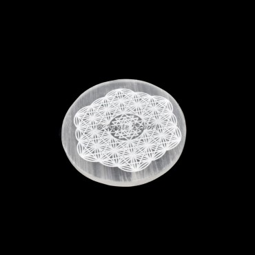 Yantra With Flower Of Life Selenite Circle Round Charging Plate