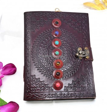 7 Chakra Beads On Maroon Leather Journal Diary With Mandala Design