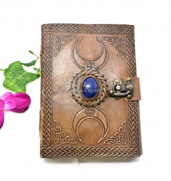 Triple Moon Goddess Leather Journal with Lapis Lazuli Stone and Intricate Floral Embossing