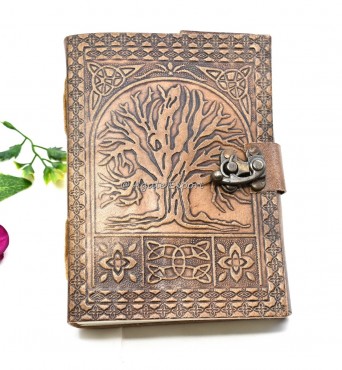 Tree of Life Leather Journal with Celtic Knotwork and Vintage Lock