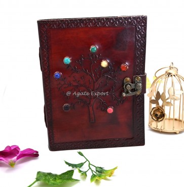 Leather Journal with Tree of Life Chakra Stones and Flower of Life Embossing