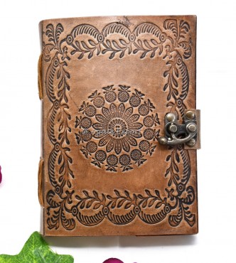 Floral Mandala Embossed Leather Journal with Vintage Lock Closure