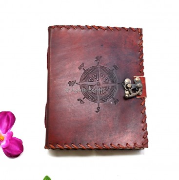 Leather Journal with Embossed Compass Design and Rustic Stitching