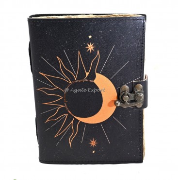 Black Leather Journal with Sun and Moon Eclipse Design and Vintage Lock