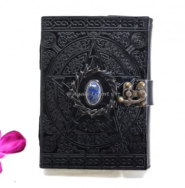 Black Leather Journal with Pentacle Design and Lapis Lazuli Inlay