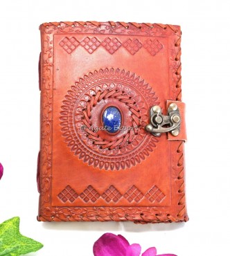 Leather Journal with Floral Mandala and Lapis Lazuli Inlay