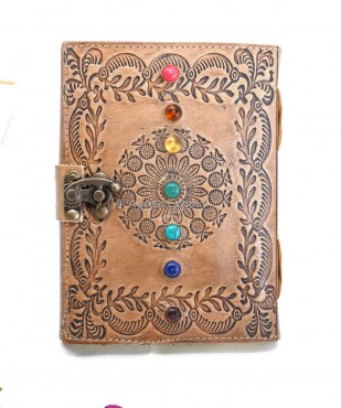 Leather Journal with Chakra Stones and Embossed Mandala Design