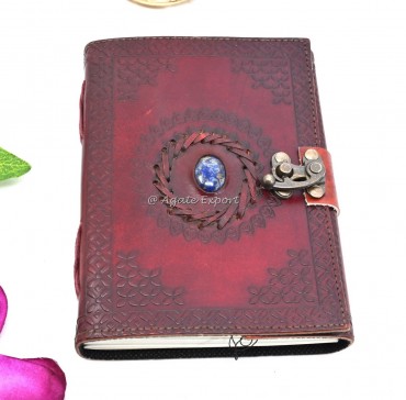 Red Leather Journal with Lapis Lazuli Inlay and Floral Embossed Design