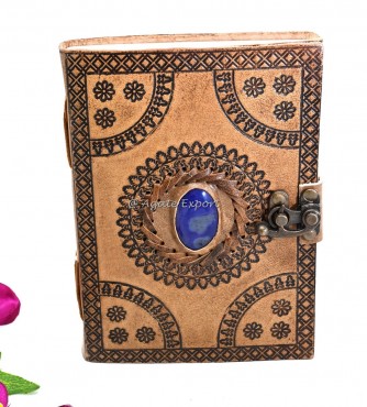 Leather Journal with Lapis Lazuli Inlay and Floral Embossed Design