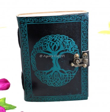 Black Leather Journal with Celtic Tree of Life Design and Vintage Lock