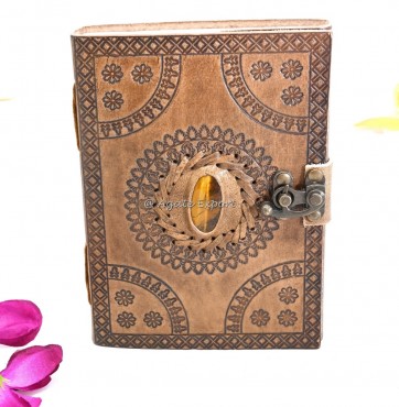 Leather Journal with Tiger Eye Stone Inlay and Floral Mandala Design