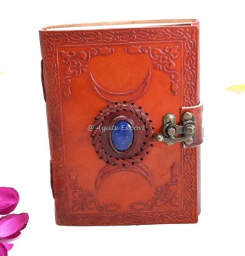 Leather Journal with Triple Moon and Lapis Lazuli Inlay