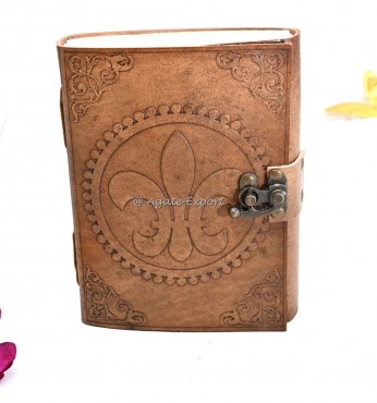 Leather Journal with Fleur-de-Lis Embossed Design and Vintage Lock