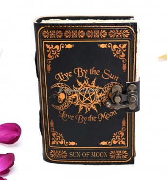 Leather Journal with Sun and Triple Moon Design and Pentacle Symbol