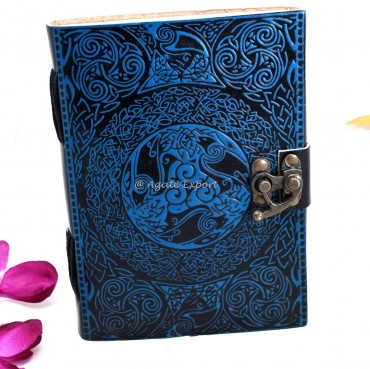 Black Leather Journal with Blue Celtic Knotwork and Dragon Design