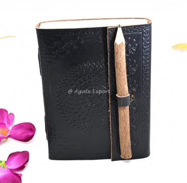 Black Leather Journal with Embossed Design and Wooden Pencil Holder