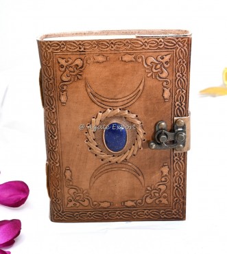 Leather Journal with Triple Moon, Pentacle, and Lapis Lazuli Inlay