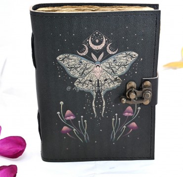 Leather Journal with Moth and Triple Moon Design Mystical Moon Phase Notebook