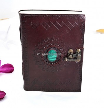 Maroon Leather Journal with Malachite Stone Vintage Diary with Ornate Embossing