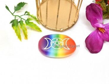 Triple Goddess Moon Engraved Rainbow Selenite Palm Stone