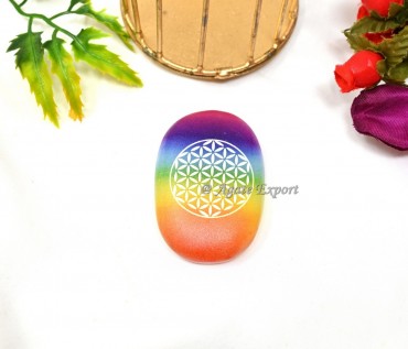 Flower of Life Engraved Rainbow Selenite Palm Stone