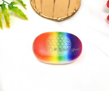 Flower Of Life Engraved Rainbow Selenite Palm Stone