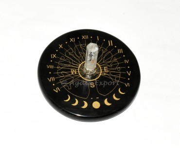 Celestial Sun Clock with Tree of Life and Moon Phases Etching and Crystal Quartz Point