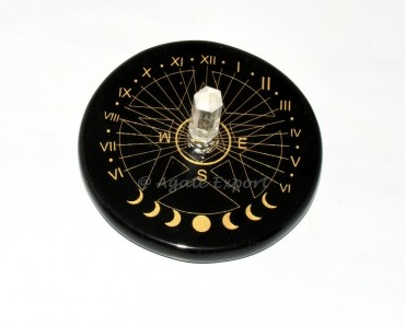 Mystic Sun Clock with Pentagram and Moon Phase Engravings and Crystal Quartz Point