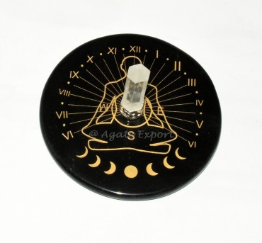 Eclipse Sun Clock with Dark Border Buddha and Moon Phases Design and Crystal Quartz Point