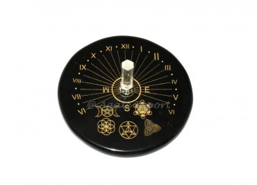 Sacred Sun Clock with Pagan Wiccan Symbol Etchings and Crystal Quartz Point