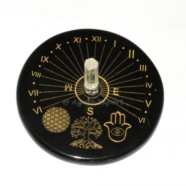 Divine Geometry Sun Clock with Flower of Life, Tree of Life, and Hamsa Hand and Crystal Quartz Point